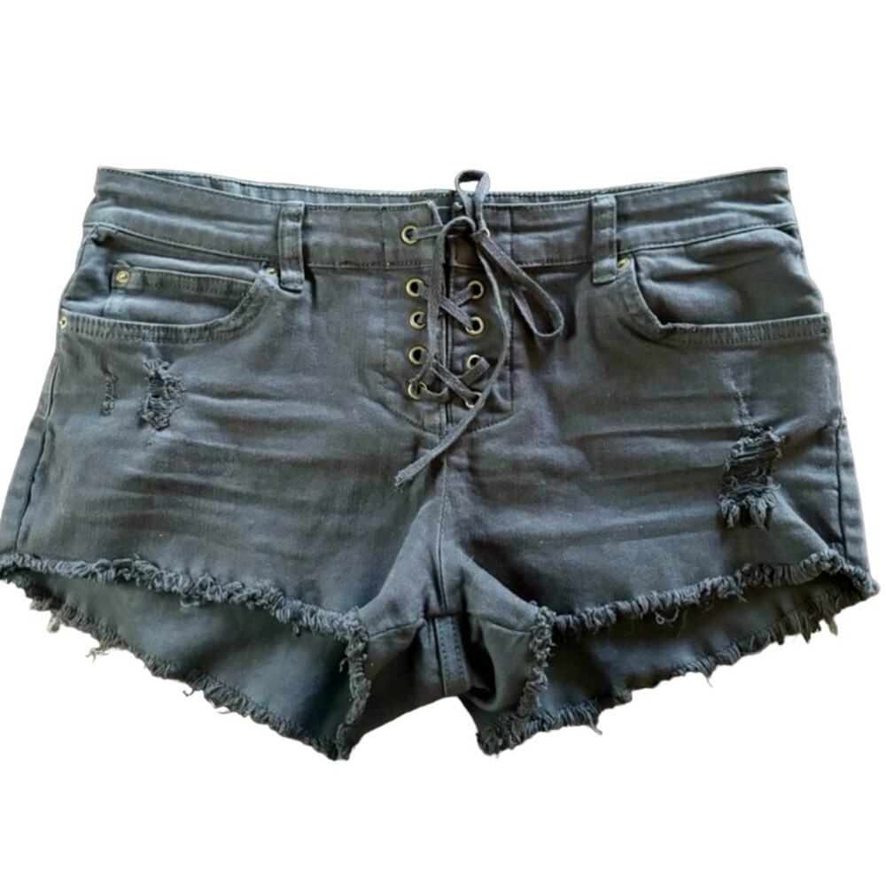 Billabong Black Lite Hearted Denim Shorts lace Front Cut off Size 28 Festival